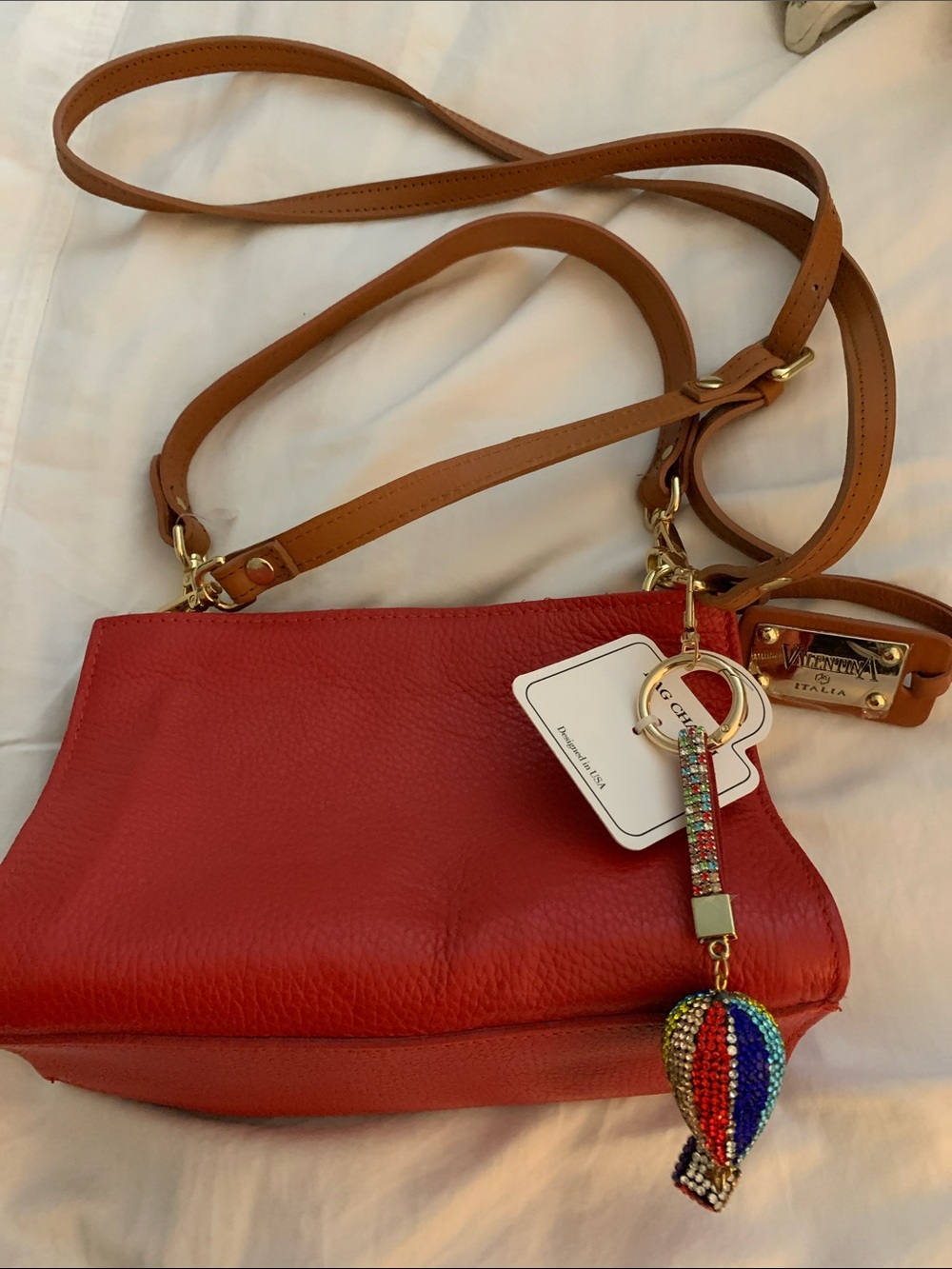 Valentina Red Leather Crossbody Bag with Tan Strap and Beaded Charm New